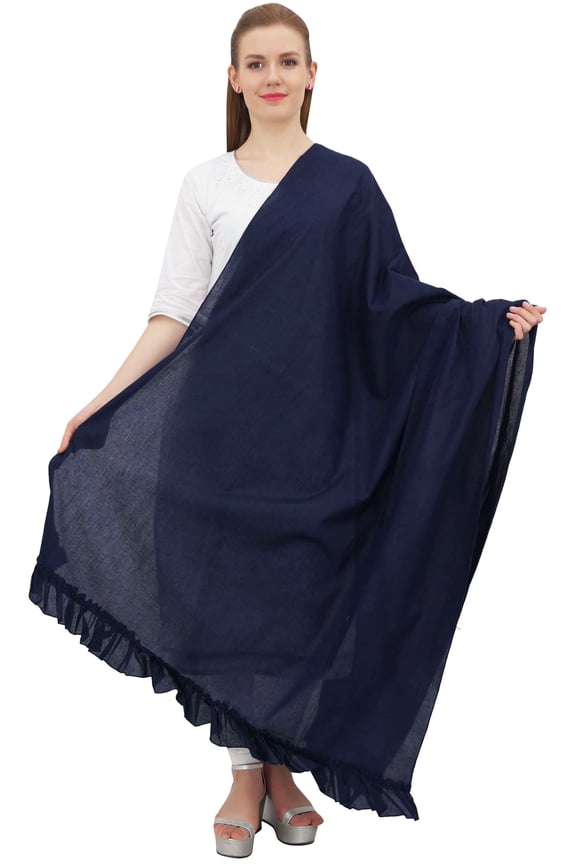 Indian Neck Wrap Cotton Dupatta Women Ethnic Chunni Ruffled Scarf-Blue