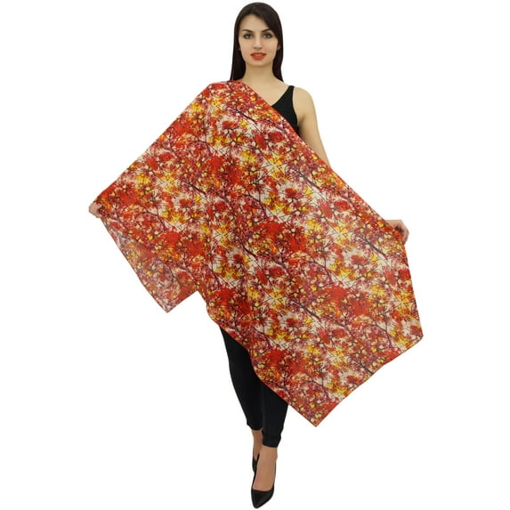 Phagun Indian Women Neck Wrap Digital Print Scarf Cotton Voile Long Stole-Red