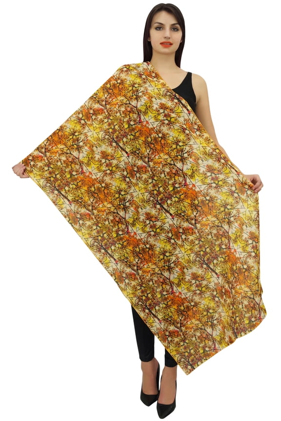 Indian Women Neck Wrap Digital Print Scarf Cotton Voile Long Stole-Yellow