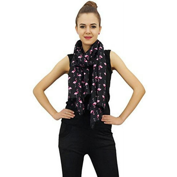 Phagun Indian Women Wrap Scarf Flamingo Print Cotton Voile Sarong Shawl-Black