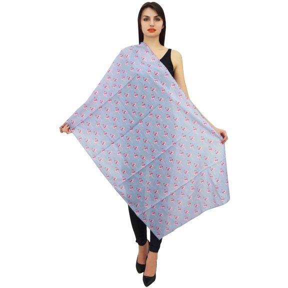 Phagun Indian Women Wrap Scarf Flamingo Print Cotton Voile Sarong Shawl-Dusty Blue