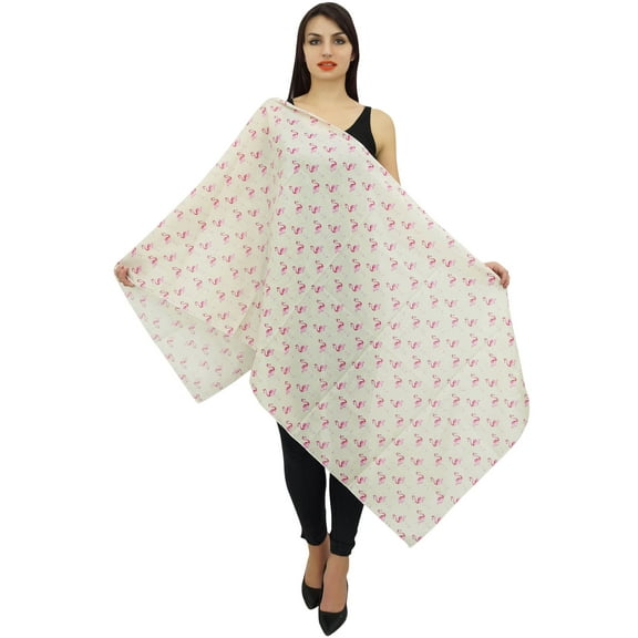 Phagun Indian Women Wrap Scarf Flamingo Print Cotton Voile Sarong Shawl-White