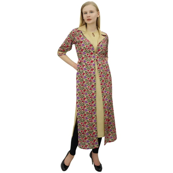 Phagun Indian Women's Beige Kurti Printed Long Jacket With Solid Kurta Clothes-12