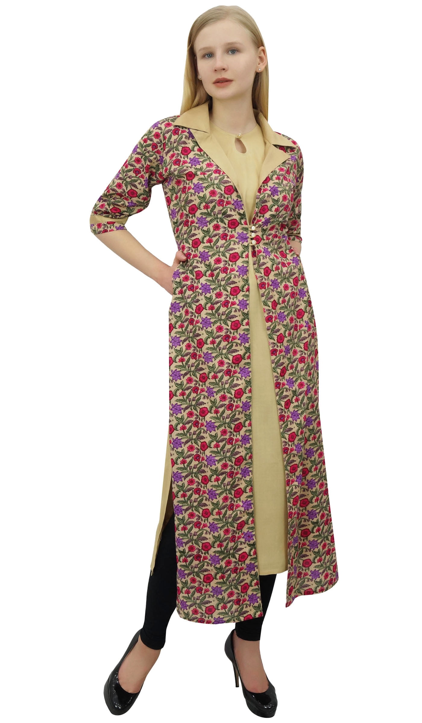 Phagun Indian Women's Beige Kurti Printed Long Jacket With Solid Kurta  Clothes-4 - Walmart.com