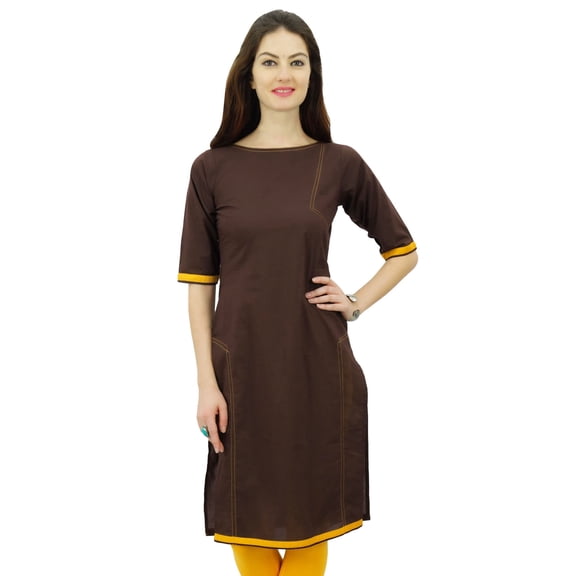 Phagun Indian Womens Solid Brown Kurti Cotton Tunic Regular Straight Kurta - 12