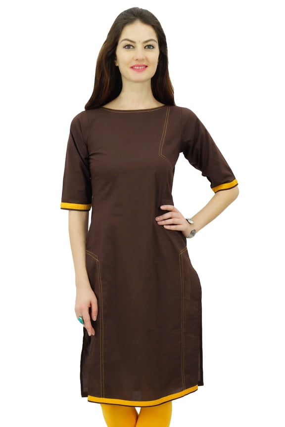 Indian Womens Solid Brown Kurti Cotton Tunic Regular Straight Kurta - 8