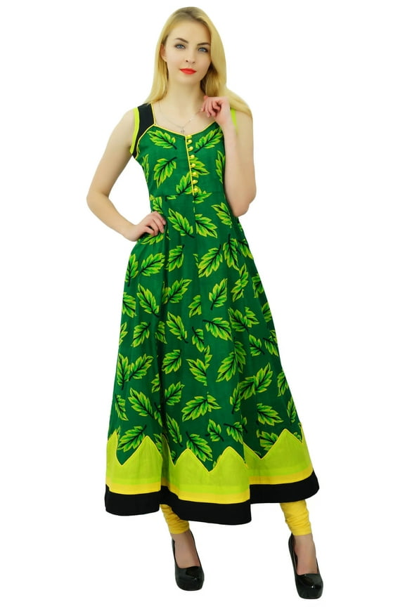Kurti Ethnic Designer Women Cotton Anarkali Kurta Leaf Print Casual Dress