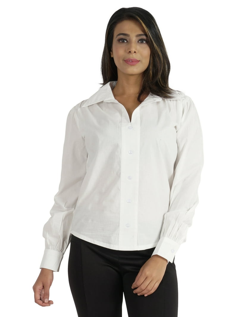 Phagun Long Sleeve Formal Shirts for Womens Solid Button Down Collar Neck Shirt, Women's, Size: 2XL, White, image size:800x1067
