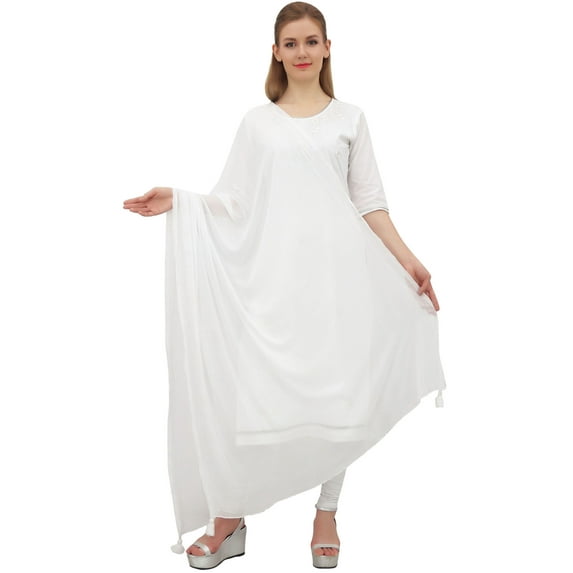 Phagun Neck Wrap Chiffon Tassel Summer Dupatta Women Long Stole Scarves-White