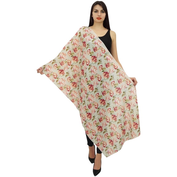 Phagun Off White Floral Print Long Stole Scarf Cotton Voile Neck Wrap Hijab