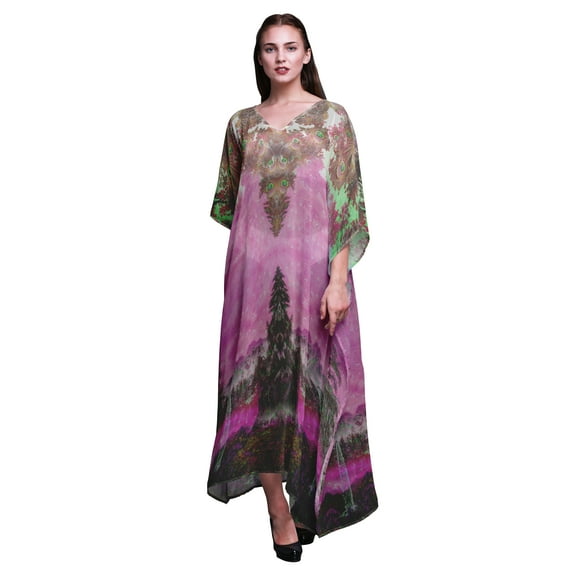 Phagun Peacock Feather Ladies Plus Size Kaftan Summer Wear Beach Coverup Kimono Caftan-4X-5X