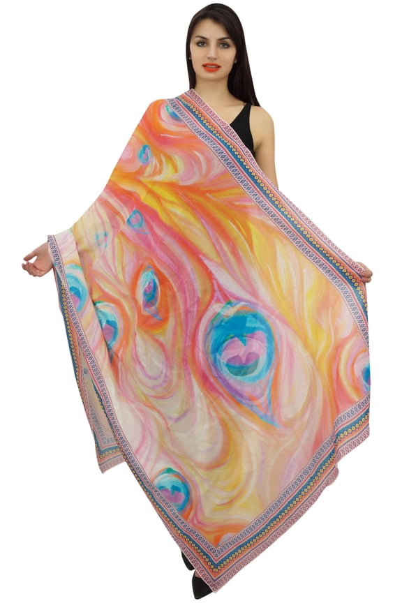 Peacock Feather Long Stole Wrap Sarong Women Multicolour Scarf Shawl-Inches-Viscose Chiffon