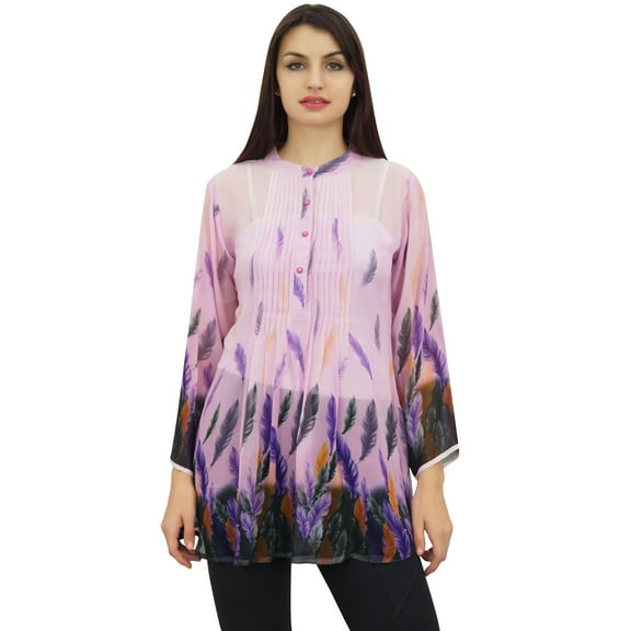 Phagun Pintucks Button Digital Leaf Printed Pink Long Sleeve Loose Tunic Top-10