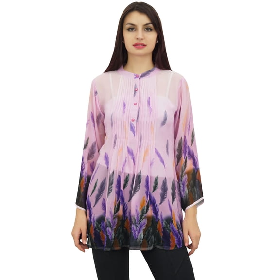 Phagun Pintucks Button Digital Leaf Printed Pink Long Sleeve Loose Tunic Top-12