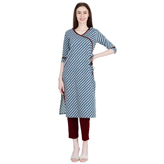 Phagun Printed Angrakha Style Kurti For Women With Solid PantS, Indian Ethnic Clothing Set