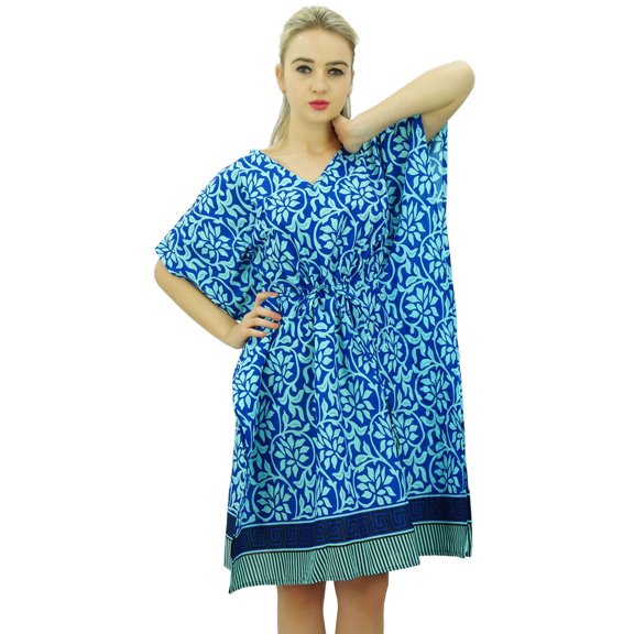 Phagun Printed Blue Cotton Short Kaftan Drawstring Caftan Night Wear Coverup-18