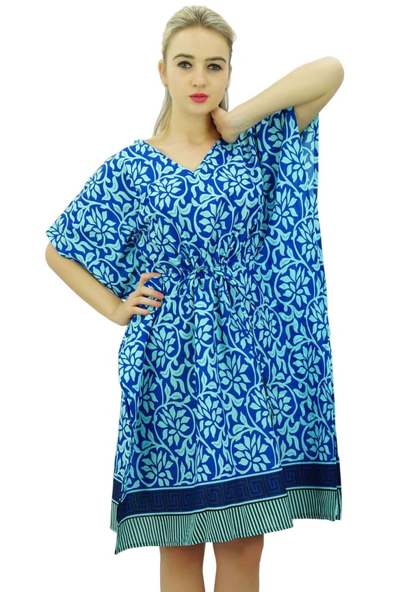 Printed Blue Cotton Short Kaftan Drawstring Caftan Night Wear Coverup-18