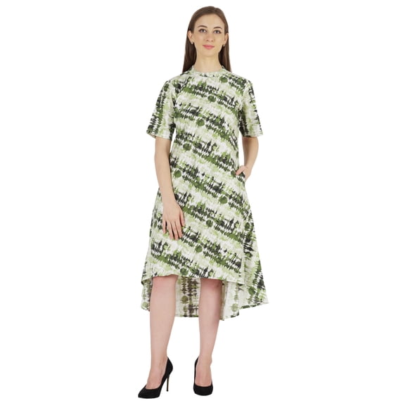 Phagun Printed Cotton Dress W/ Pockets Mandarin CollarAsymmetrical Knee Length Dress For Women