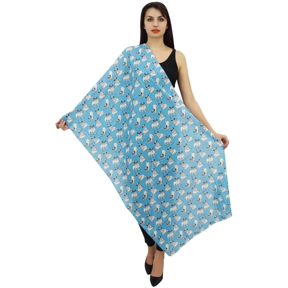 Phagun Pug Dog Print Cotton Voile Women Neck Wrap Scarf Light Blue Long Stole