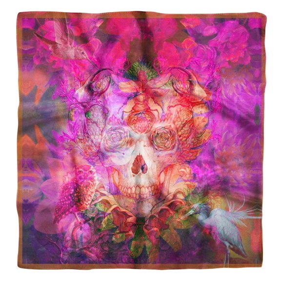 Phagun Purple Floral & Skull Print Pure Silk Square&nbsp;Scarf&nbsp;Neck Wrap Summer Hair Bandanas For Women