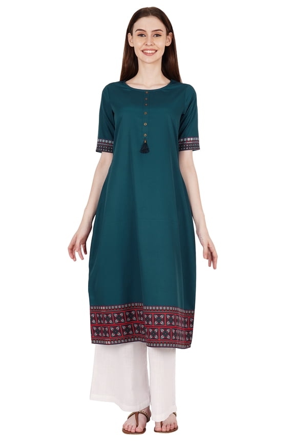 Solid A-Line Kurtis For Women Poly Crepe Short Sleeve Buttoned Long Ethic Kurta
