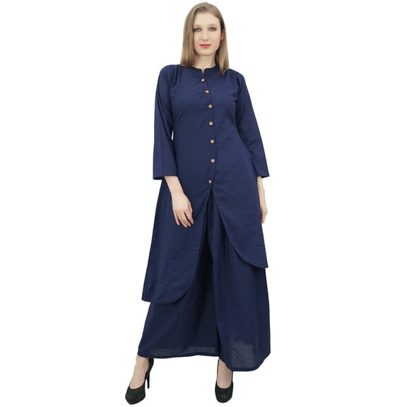 Phagun Solid Blue Indian Clothing Asymmetrical Kurta Kurti With Palazzo Pant-4