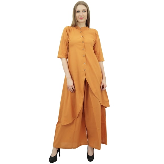 Phagun Solid Orange Asymmetrical Kurta Kurti With Palazzo Pant Indian Clothing-16