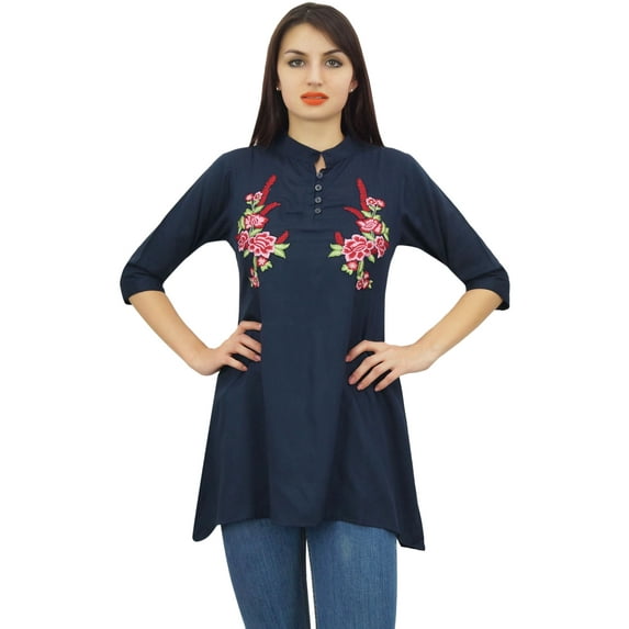 Phagun Stylish Tunic Blue Beautiful Embroidery Design Cotton Modal Top Wear - 4