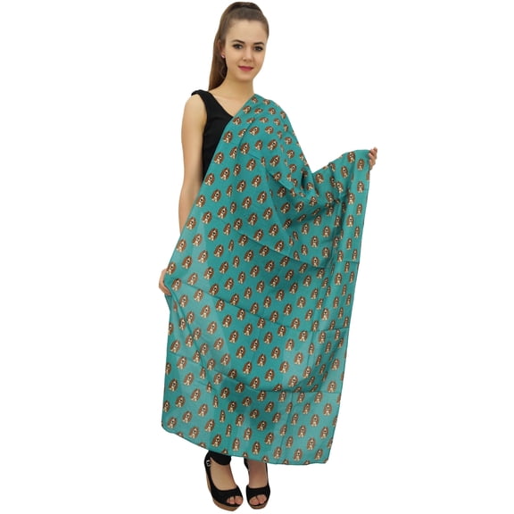 Phagun Women Basset Hounds Dog Print Long Stole Cotton Voile Scarf Dupatta-Teal Green
