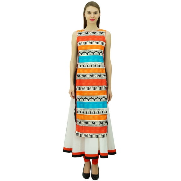 Phagun Women Cotton Double Layer Kurti Printed Designer Long Dress Indian Kurta