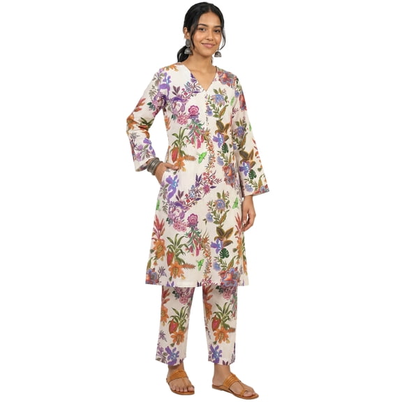Phagun Women Cotton Printed Kurta Pant Set, Full Sleeve, Ethnic Co-ord Set