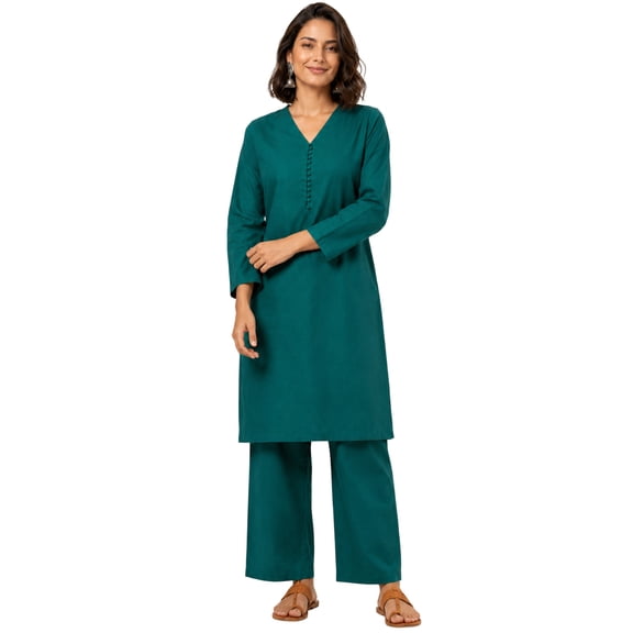 Phagun Women Cotton Solid Kurta Pant Set, Full Sleeve, Ethnic Co-ord Set