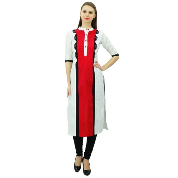 Phagun Women Cotton Tunic Top Straight Kurta Casual Summer Blouse With Chinese Collar