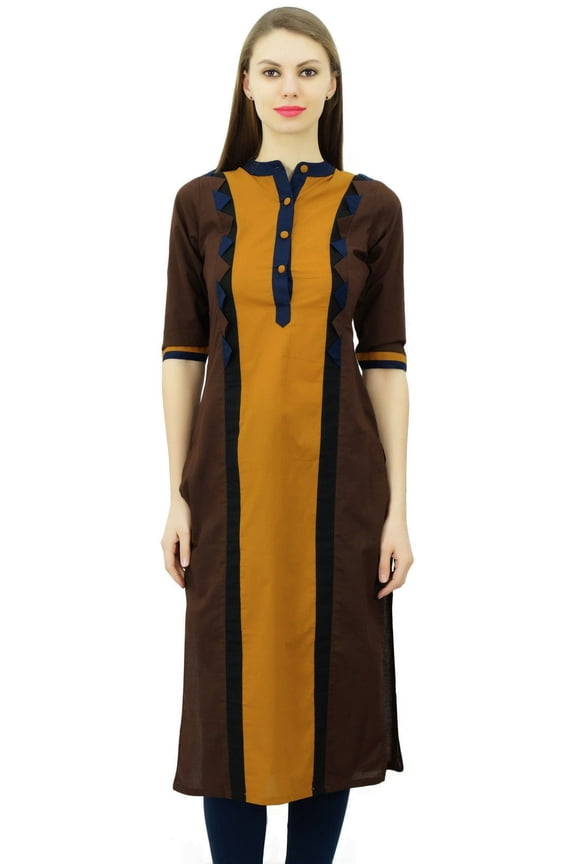 Women Cotton Tunic Top Straight Kurta Casual Summer Blouse With Chinese Collar