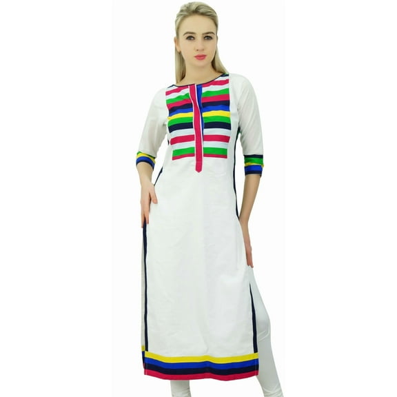 Phagun Women Designer Cotton Tunic White Solid Straight Kurti Casual Clothing-16