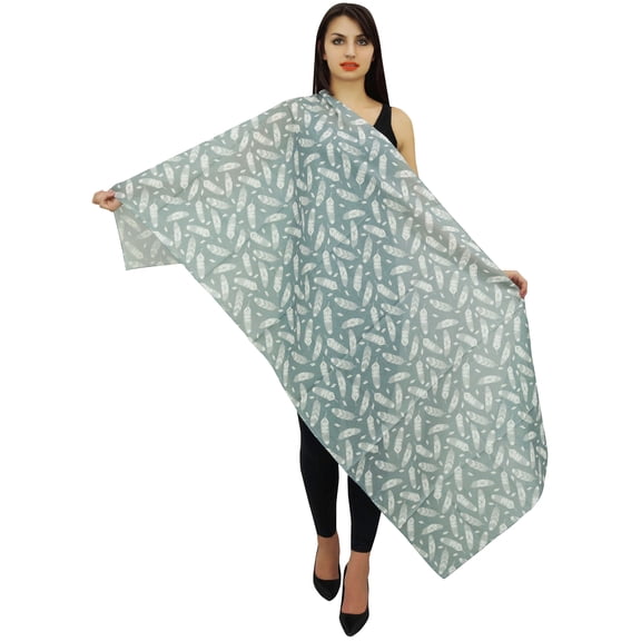 Phagun Women Neck Wrap Cotton Voile Scarf Sarong Feather Print Dupatta Stole-Dusty Blue