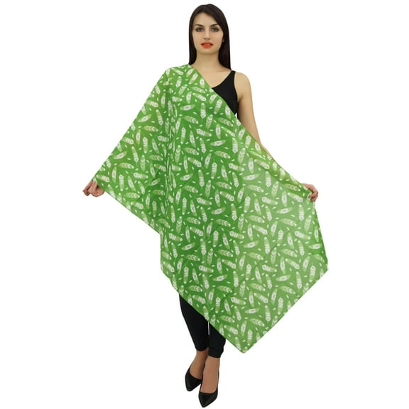 Phagun Women Neck Wrap Cotton Voile Scarf Sarong Feather Print Dupatta Stole-Green
