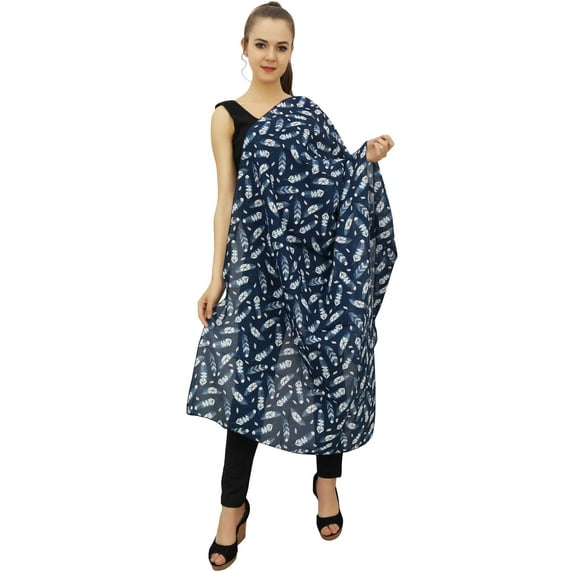 Phagun Women Neck Wrap Cotton Voile Scarf Sarong Feather Print Dupatta Stole-Navy Blue