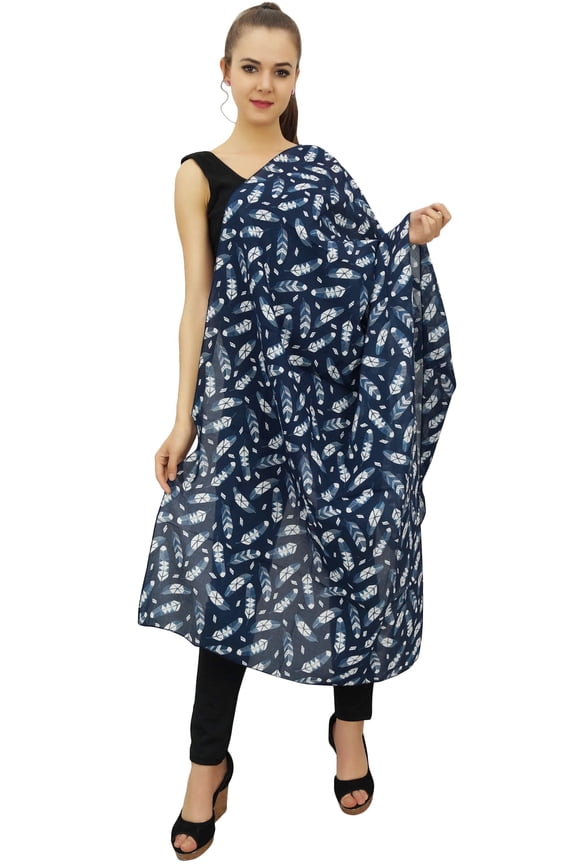 Women Neck Wrap Cotton Voile Scarf Sarong Feather Print Dupatta Stole-Navy Blue