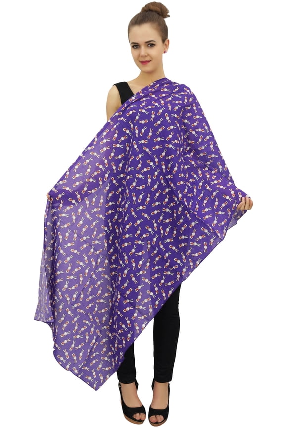 Women Neck Wrap Dupatta Scarf Rabbit Print Cotton Voile Long Stole-Purple