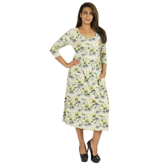 Phagun Women Summer Midi Dress Casual Loose Pockets Dress Scoop Neck Dresses