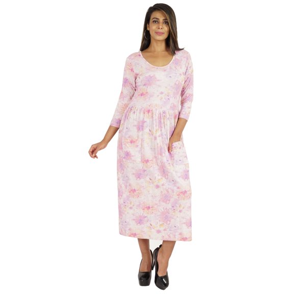 Phagun Women Summer Midi Dress Casual Loose Pockets Dress Scoop Neck Dresses