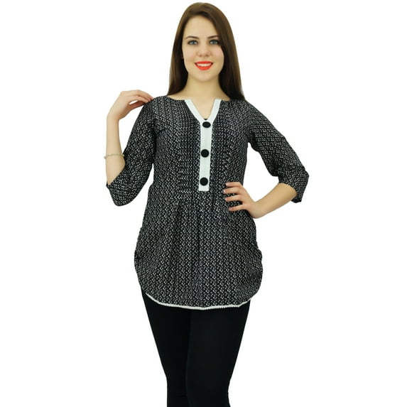 Phagun Women Wear Textured Print Casual 3/4 Sleeve Short Cotton Kurti Clothing