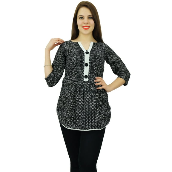 Phagun Women Wear Textured Print Casual 3/4 Sleeve Short Cotton Kurti Clothing