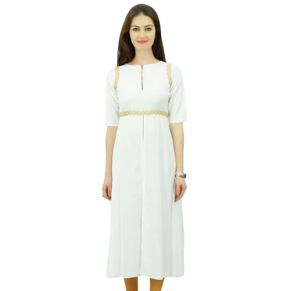Phagun Women White Rayon Kurti Lace Work Chic Kurta Zipper Front Slit Tunic - 10