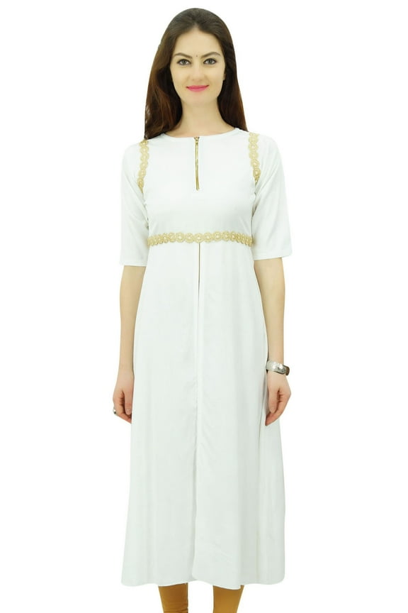 Women White Rayon Kurti Lace Work Chic Kurta Zipper Front Slit Tunic - 20