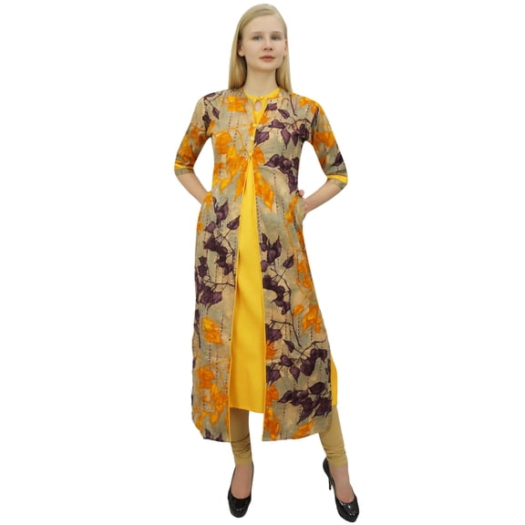 Phagun Women's 2 Pcs Yellow Kurta With Jacket Dress Indian Designer Clothing