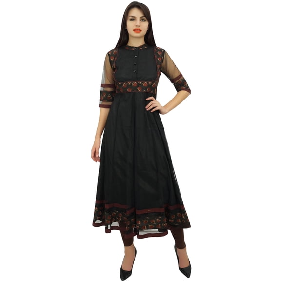 Phagun Women's Black Tunic Net Long Anarkali Kurta Ethnic Kurti Blouse Dress- 26