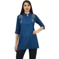 thumbnail image 1 of Phagun Women's Blue Cotton Modal Embroidered Summer Top 3/4 Sleeve Tunic-20, 1 of 10