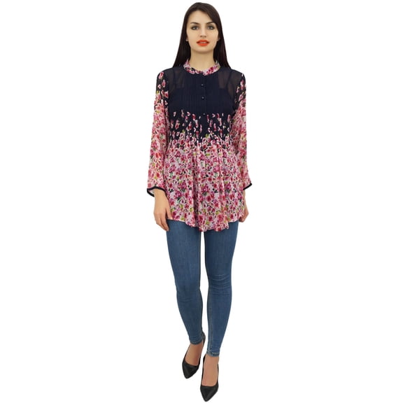 Phagun Women's Blue Digital Floral Printed Full Sleeve Pintuck Casual Tunic-4
